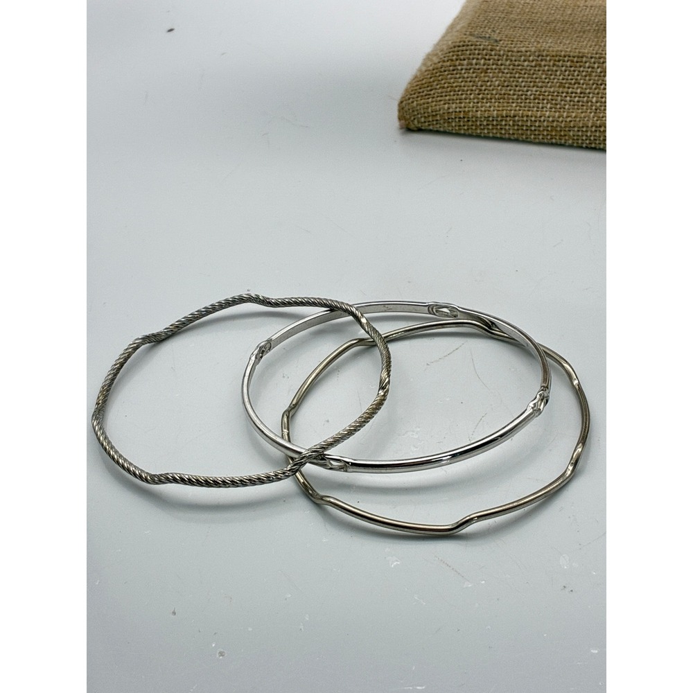 Silver Tone Textured Bangle Bracelets Lot of 3 Twisted Rope Organic Wavy Stack